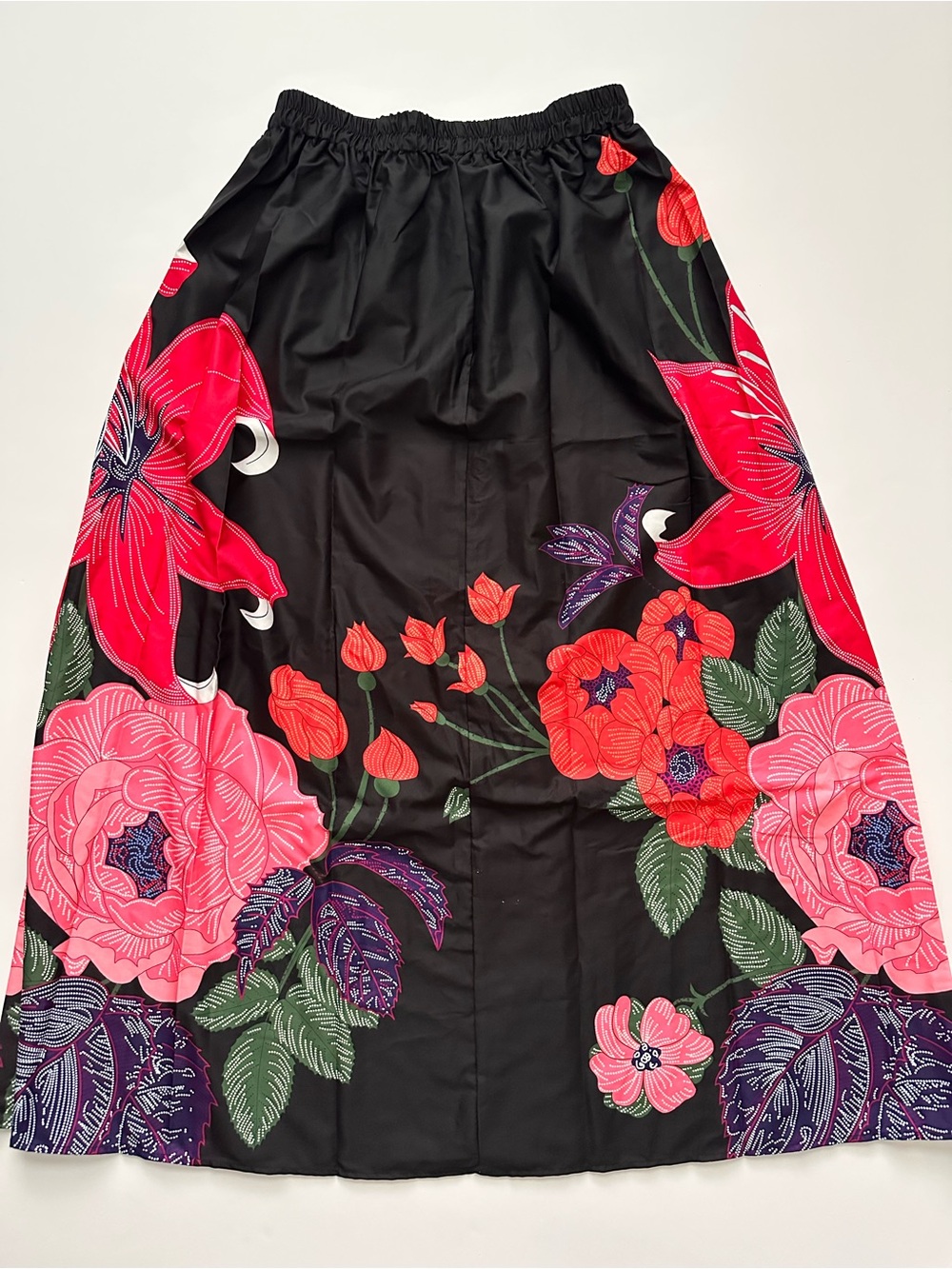 Black Floral Maxi Skirt with Vibrant Pink & Red Blooms - Picture 4 of 5